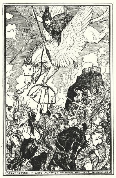 Bellerophon, Myrina ve Amazonlarına (lito) karşı savaşır by Henry Justice Ford