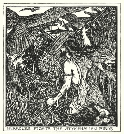 Herakles, Stymphalian kuşlarıyla (lito) savaşır by Henry Justice Ford