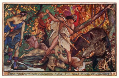 Atalanta ve Meleager, Caledon yaban domuzunu nasıl öldürdü (renkli taş) by Henry Justice Ford