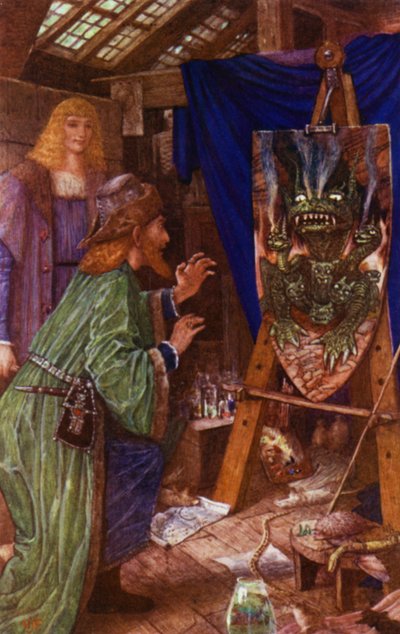 Leonardo kalkanına boyanmış canavarla babasını korkutuyor by Henry Justice Ford