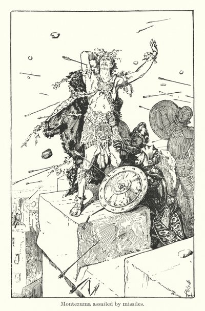 Montezuma füzelerle saldırıya uğradı (gravür) by Henry Justice Ford