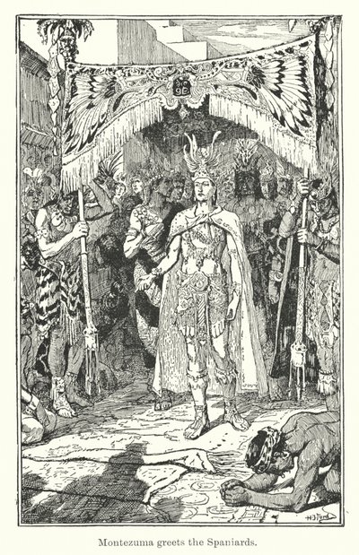 Montezuma İspanyolları selamlıyor (gravür) by Henry Justice Ford