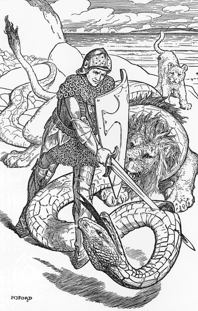 Percival Fightint the Snake İllüstrasyonu, HJ Ford (1860-1940), “The Book of Romance”dan, 1902 Özel Koleksiyon by Henry Justice Ford