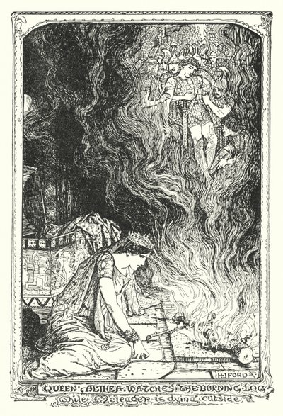 Kraliçe Althea, Meleager dışarıda ölürken yanan kütüğü izliyor (litho) by Henry Justice Ford
