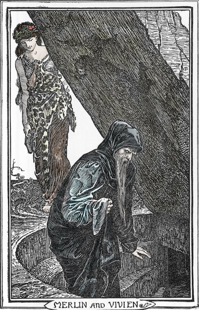 Merlin the Enchanter ve Fee Viviane (Merlin anc Vivien) İllüstrasyonu, Henry Justice (HJ) Ford (1860-1941) “The book of Romance”dan” 1902 Koleksiyonu by Henry Justice Ford