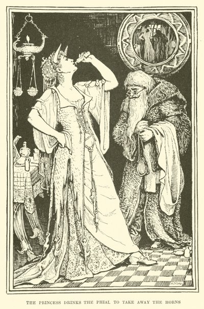 Prenses Boynuzları Almak İçin Şişe İçiyor (gravür) by Henry Justice Ford