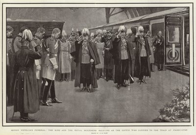Kraliçe Victoria'nın Cenazesi, Kral ve Tabut Paddington'daki Trene taşınırken selam veren Kraliyet Yaslıları by Henry Marriott Paget