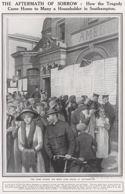 Titanik'in Batışı, Southampton'daki Beyaz Yıldız ofislerinin dışındaki sahne by Henry Marriott Paget