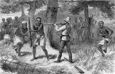 Yerliler Gombe nehri kıyılarında isyan ediyor, Tanzanya, Livingstone'u Nasıl Bulduğumdan gravür: Orta Afrika'da seyahatler, maceralar ve keşifler, Henry Morton Stanley(1841-1904), Sampson Low, Marston, Low ve Searle baskısı, Londra by Henry Morton Stanley