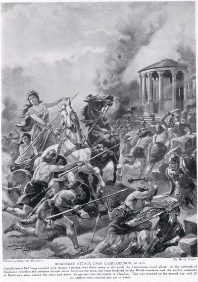 Boadicea'nın Camulodunum'a saldırısı, 'Hutchinson's History of the Nations'dan bir örnek, c.1910 by Henry Payne