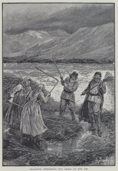 Buz üzerinde tahıl harmanlayan köylüler (lito) by Henry Sandham