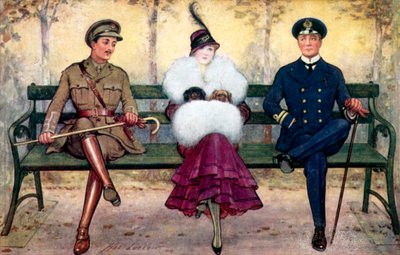 Kız, her iki tarafta asker ve denizci ile bankta by Henry Stephen Ludlow