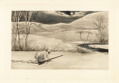 İngiliz beyefendi ördek avlamak için donmuş bir nehir kıyısında sürünüyor. by Henry Thomas Alken