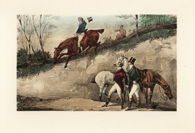 İngiliz beyefendi at sırtında dik bir setten atlama yapıyor by Henry Thomas Alken