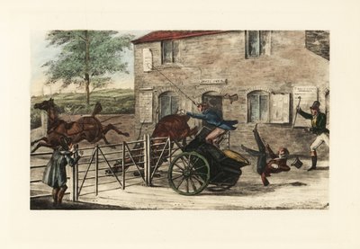 İngiliz beyler iki atlı bir gişeden atlamaya çalışıyorlar. by Henry Thomas Alken