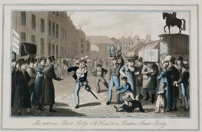 The Notorious Black Billy, Thomas Sutherland (d.1785) 1823 (renkli gravür) tarafından bir Londra Sokak Partisine 