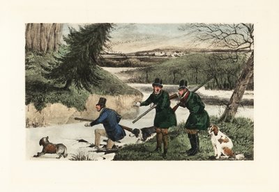 Viktorya dönemi beyleri, donmuş bir arazide silahlı ve köpeklerle ördek avlıyor. by Henry Thomas Alken