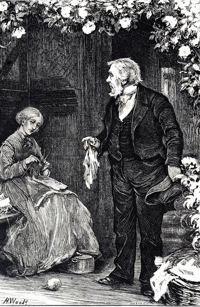 Örgü ören bir kadını betimleyen gravür by Henry Woods