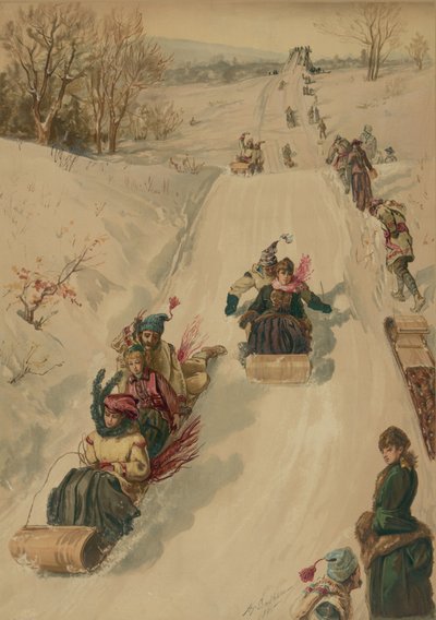 Tobogganing, L. Prang and Co., 1886 (aquatint) by Henry after Sandham