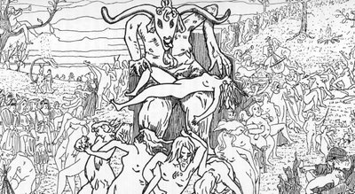 Şeytanın başkanlığındaki cadılar tarafından bir araya getirilen ve seks partilerine yol açan bir Şabat sahnesinin temsili (şabat toplantısı) Henry de Malvost'un Jules Bois'in “Satanism and magic”” adlı eserinden çizimi 1895 Özel koleksiyon Â by Henry de Malvost