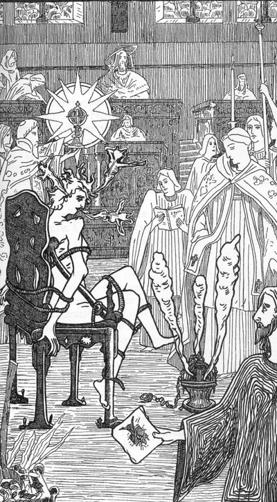 Bir şeytan çıkarma töreninin tasviri Jules Bois'in “Satanism and Magic” adlı eserinden Henry de Malvost'un çizimi 1895 Özel koleksiyon by Henry de Malvost