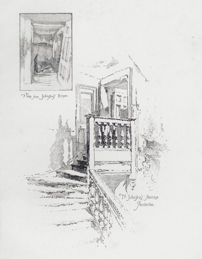 İngiliz yazar Samuel Johnson'ın odası ve merdiveni, Pembroke College, Oxford (litho) by Herbert (after) Railton