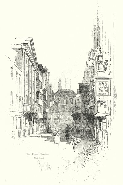Devil Tavern, Fleet Street, Dr Johnson zamanında (litho) by Herbert (after) Railton