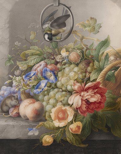 Çiçekler, meyveler, büyük bir baştankara ve bir fare ile natürmort. 1700-10 civarında by Herman Henstenburgh