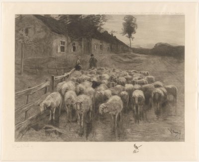 Çoban ve koyun sürüsü olan bir kadın by Herman Johannes van der Weele (signed by artist)