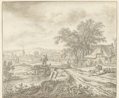 Bir köprünün yanında bir çiftlik ile tepelik manzara by Herman Saftleven