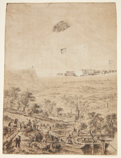 Çiftçiler, balıkçılar ve bir köy kilisesi ile panoramik manzara by Herman Saftleven