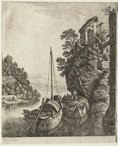 Bir kayanın altına demirlemiş iki tekne, 1667. by Herman Saftleven