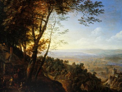Bir kulübenin yanında köylülerin olduğu ormanlık bir manzara (panelde yağ) by Herman the Younger Saftleven