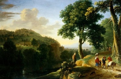Gezginler ve bir eşeğin olduğu bir İtalyan manzarası, 1640 dolayları (tuval üzerine yağlı boya) by Herman van Swanevelt