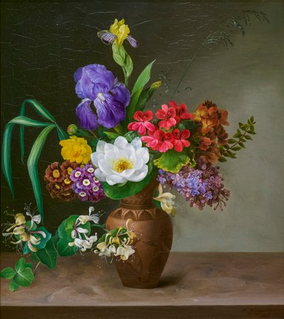 İrisli, Leylaklı Yunan Üslubunda Bir Vazo (metal üzerine yağlıboya) by Hermania Neergaard