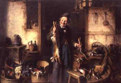 Tavşan Tutan Bir Adamla Mutfak İçi (panelde yağ) by Hermann Kern