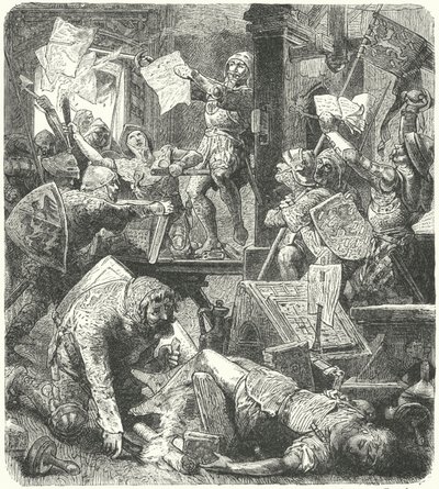 Nassau'lu Adolph II'nin askerlerinin Mainz'e saldırısı sırasında Peter Schoffer'ın matbaa atölyesinin yıkılması by Hermann Vogel