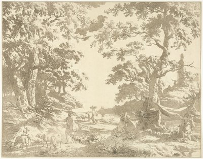 Janus heykeli ile Arcadian manzara by Hermanus Fock