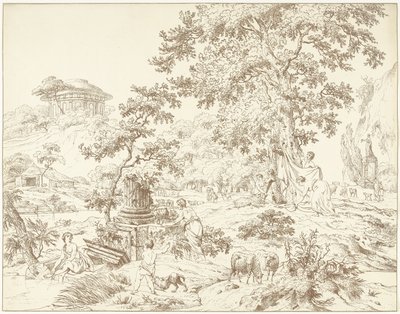 Futbol oynayan bir kadınla Arcadian manzara by Hermanus Fock