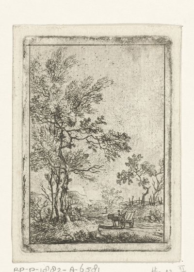 Yüksek ağaçlar, bir at ve araba ile manzara by Hermanus Fock