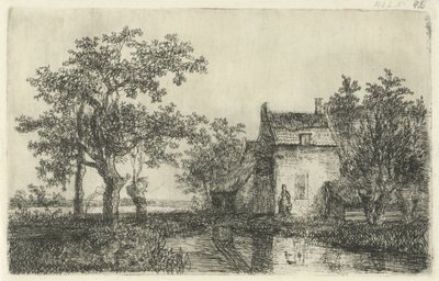 Suyun üzerinde bir çiftlik evinin önünde sepeti olan kadın by Hermanus Jan Hendrik van Rijkelijkhuysen