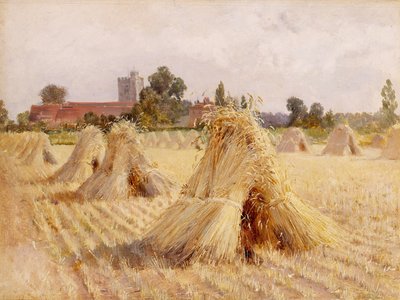 Corn Stooks, Bray Church, 1872 (gemiye serilmiş kağıt üzerine yağlı boya) by Heywood Hardy