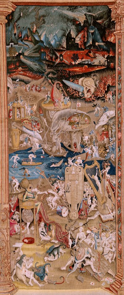 Flaman halısı. Hieronymus Bosch'tan sonra Seri Dört duvar halıları. Dünyevi Zevkler Bahçesi (Jardín de las Delicias). Serinin dördüncü halısı. Model Hieronymus Bosch'un çalışmalarından ilham almıştır. İmalat Bilinmeyen atölye, Brüksel. 1560'tan by Hieronymus (after) Bosch