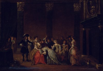 Evlilik anlaşmazlığı olan bir iç mekanda zarif bir şirket (tuval üzerine yağlı boya) by Hieronymus (follower of) Janssens