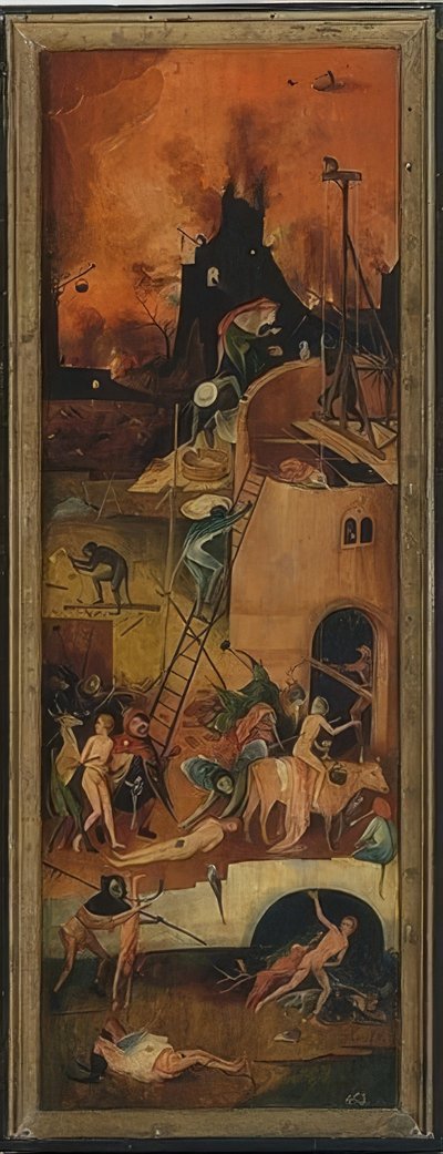 Saman arabası (üç parça). Sol panel. 1515 civarında by Hieronymus Bosch