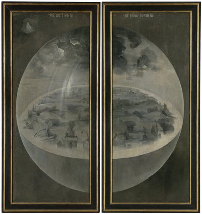 Dünyanın kozmik küresini temsil eden dünyanın yaratılması (Bulle). "Dünyevi zevklerin bahçesi" üçlüsünün panjurlarının arkası. Hieronymus Bosch olarak bilinen Hieronymus Van Aeken