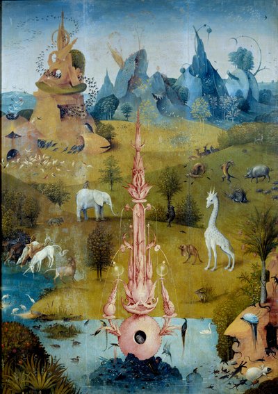 Cennet La Fontaine. Hieronymus Van Aken (Aken) tarafından Jerome Bosch (1450-1516) tarafından yazılan “Zevkler Bahçesi” üçlüsünün sol parçasının detayı by Hieronymus Bosch