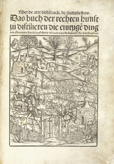 Bir manzarada rakamlarla bitkisel içki fabrikalarını gösteren başlık sayfası by Hieronymus Brunschwig