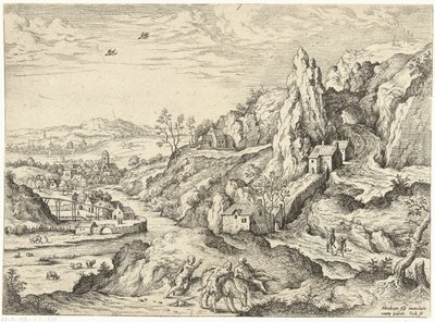 İbrahim ve İshak kurban yerine giderken İncil ve mitolojik sahneleri olan manzaralar (dizi başlığı) by Hieronymus Cock