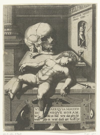 Çocuk ve kafatası ile Vanitas performansı (Hodi mihi kras tibi / Bugün ben, yarın sen) by Hieronymus Cock